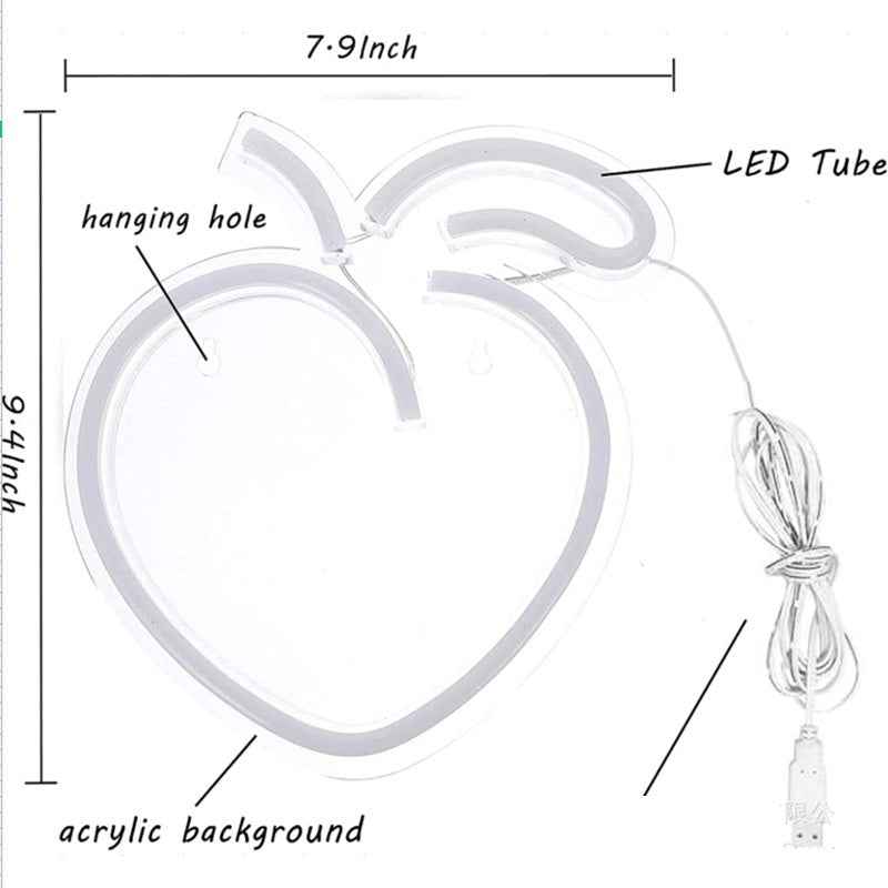 LED Transparent Back Plate Neon Peach Fruit Series Wall Hanging Decorative Lamp