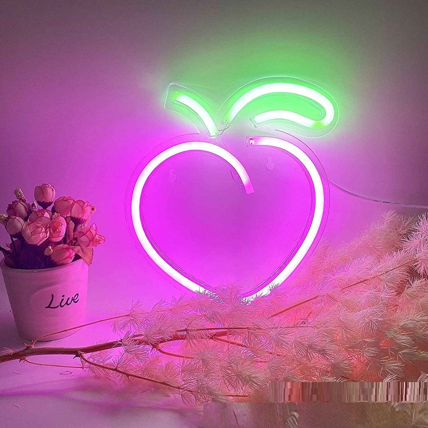 LED Transparent Back Plate Neon Peach Fruit Series Wall Hanging Decorative Lamp